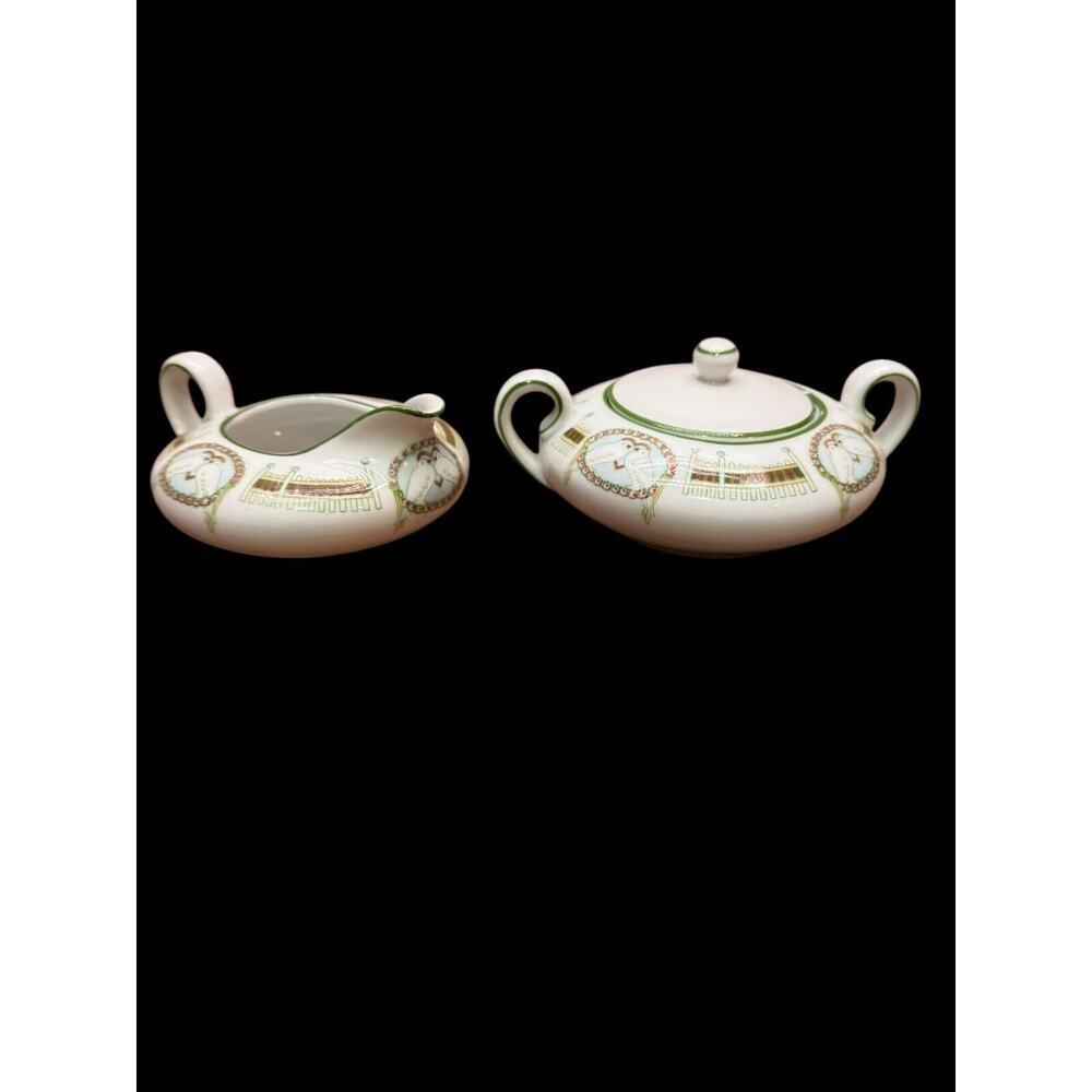 Art‎ Deco Creamer and Covered Sugar Bowl Set Lovebirds H & G Bavaria Heinrich
